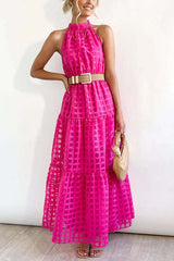 Elena Maxikleid aus gemustertem Tüllstoff mit Gürtel und Neckholder