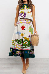 Taniyah – Set aus Tanktop aus Leinenmischung mit einzigartigem Aufdruck und Midirock mit Taschen und Knopfleiste vorne