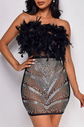 Cyprus Feather Strass Ärmelloses trägerloses Minikleid
