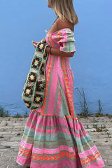 Musikfestival Geometrisches Farbblock-Boho-Maxikleid mit gesmokten Taschen