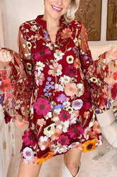 Blumen Blühende Stickerei Blumenapplikation Stufenförmiges, lockeres Minikleid mit Glockenärmeln