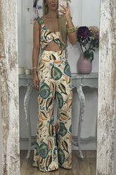 Vickee Tropical Fruit Print Back Smocked Ruffle Tank and High Rise Flare Pants Set