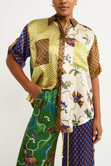 Laidback Luxury Satin Einzigartiger Druck Patchwork Button-Down Oversize Bluse