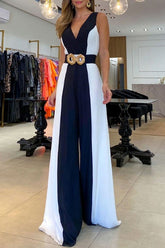 Klassischer Jumpsuit mit weitem Bein und Farbblockdesign in Schwarz und Weiß