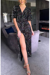 Glow All Night Pailletten-Party-Maxikleid mit Glockenärmeln und Schlitz