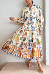 Hopeful Moments – Patchwork-Midikleid mit tropischem Fruchtdruck und Ballonärmeln