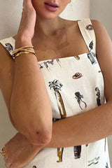 Einzigartiges, bedrucktes, rückenfreies Maxikleid mit Taschenträgern und Schnürung