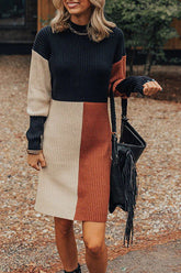 Winter Latte Strick-Minikleid mit Farbblock und Stehkragen