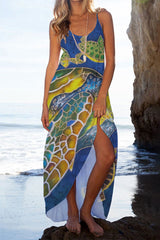 Cue The Coast – Ocean – Bedrucktes Maxi-Strandkleid mit Riemen