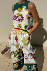 Best Photo – Tanktop aus Leinenmischung mit einzigartigem Aufdruck und Hosenset mit Taschen und elastischer Taille