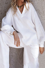 Bequemes zweiteiliges Set mit V-Ausschnitt und Laternenärmeln