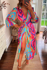 Love Many Ways – Bedrucktes Midi-Hemdkleid mit Wickeldesign und Schlitz zum Binden