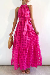 Elena Maxikleid aus gemustertem Tüllstoff mit Gürtel und Neckholder