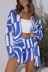 Set aus bedrucktem Oversize-Hemd im Boyfriend-Stil mit Knopftaschen und Shorts mit elastischer Taille