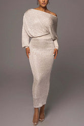 Night Sky – Maxikleid mit Pailletten, breitem Kragen und elastischer Taille