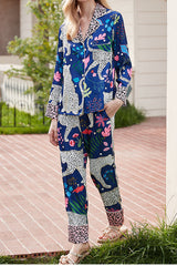 Blaues, langärmliges Home-Zweiteiler-Set mit Schneeleopardenmuster