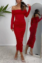 Desire Beauty – Schulterfreies, langärmliges, gerüschtes Stretch-Maxikleid