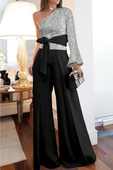 Queendom Hosenanzug mit One-Shoulder-Hosenanzug und Metallic-Farbdruck