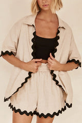 Harry Waved Trim Button Loose Shirt and Elastic Waist Pocketed Shorts Set