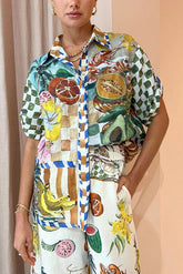 Spicy Lady – Oversize-Bluse aus Leinenmischung mit tropischem Fruchtdruck und Knopfleiste