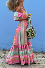 Musikfestival Geometrisches Farbblock-Boho-Maxikleid mit gesmokten Taschen