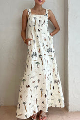 Einzigartiges, bedrucktes, rückenfreies Maxikleid mit Taschenträgern und Schnürung