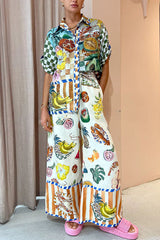 Spicy Lady Linen Blend Tropical Fruit Print Button Down Oversized Blouse