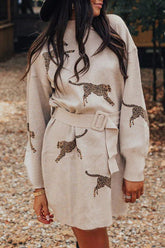 Fiercely in Love – Sweatshirt-Minikleid mit Leopardenmuster und Stehkragen und abnehmbarem Gürtel