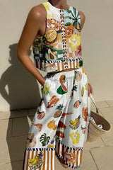 Chic Comforts – Tanktop aus Leinenmischung mit tropischem Fruchtdruck und Hose mit Taschen und elastischer Taille