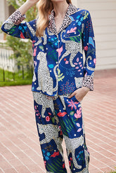 Blaues, langärmliges Home-Zweiteiler-Set mit Schneeleopardenmuster