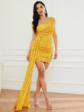 Drapiertes One-Shoulder-Pailletten-Homecoming-Minikleid in Grau XJ1621S