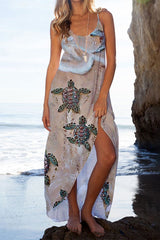 Cue The Coast – Ocean – Bedrucktes Maxi-Strandkleid mit Riemen