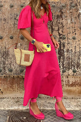 Schmales A-Linien-Kleid mit Puffärmeln und V-Ausschnitt