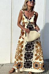 Jalen – Midikleid aus Leinenmischung mit ethnischem Blumendruck, geknoteten Trägern und elastischer Taille