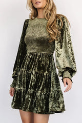 Kele Samt-Minikleid mit Ballonärmeln, Patchwork und gesmoktem Rundhalsausschnitt