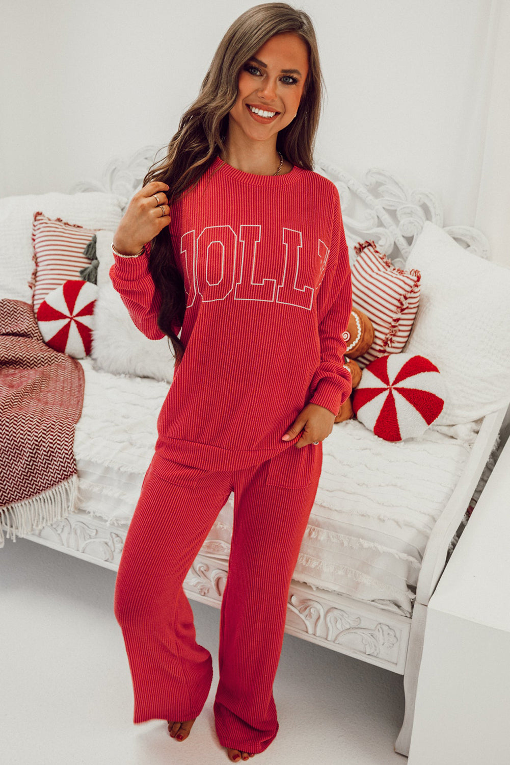 Fiery Red JOLLY Corded Long Sleeve Top and Pockets Pants Set