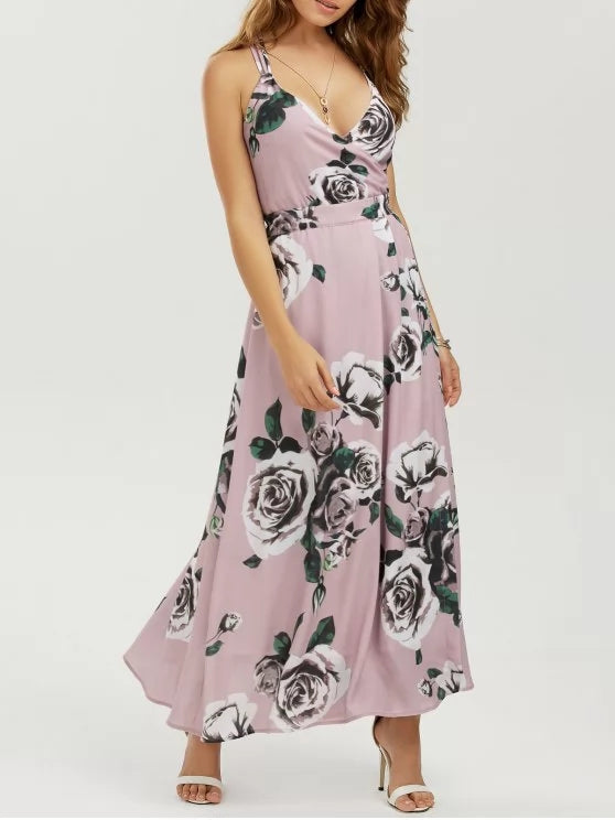 Cute Floral Strappy Beach Maxi Dress