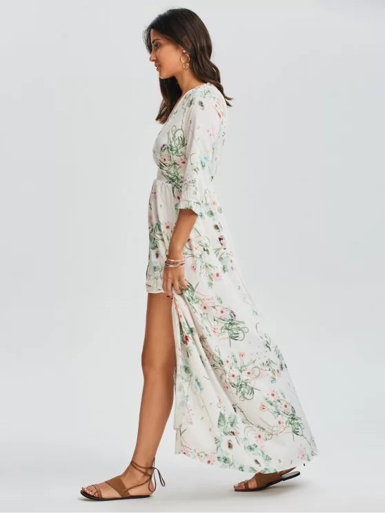 Trendy Floral V Neck Slit Maxi Dress