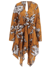 Cheap Floral Print Belted Asymmetric Dress