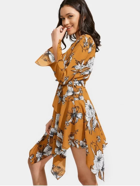 Cheap Floral Print Belted Asymmetric Dress