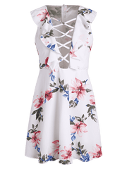 Gorgeous Floral Print Criss Cross Ruffled Plunge Dress