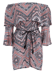 Stunning Tribal Print Flounce Flare Sleeve Belted Dress