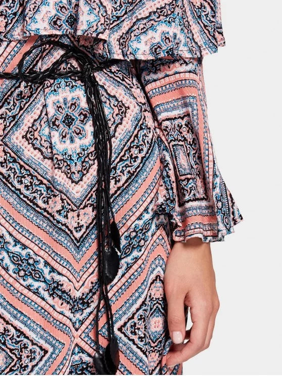 Stunning Tribal Print Flounce Flare Sleeve Belted Dress