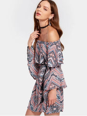 Stunning Tribal Print Flounce Flare Sleeve Belted Dress