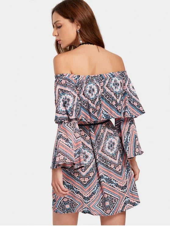 Stunning Tribal Print Flounce Flare Sleeve Belted Dress