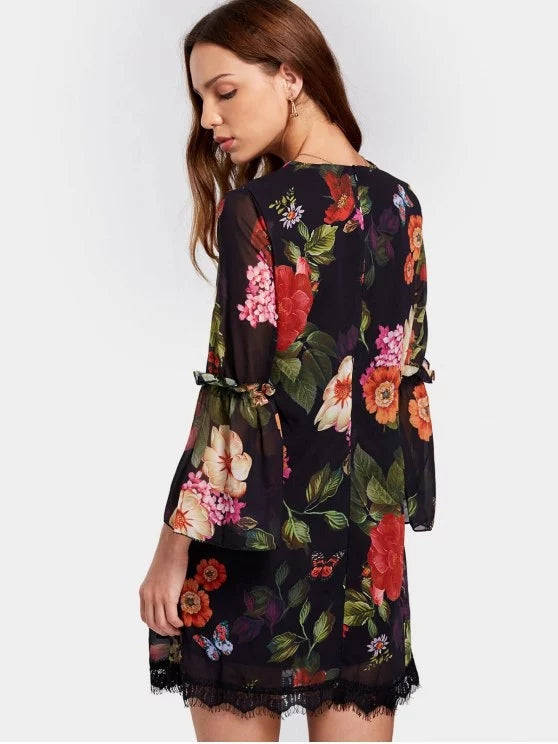 Print V Neck Flare Sleeve Flower Shift Dress