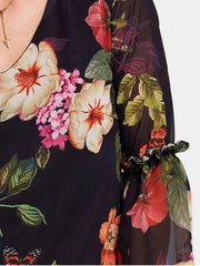 Print V Neck Flare Sleeve Flower Shift Dress