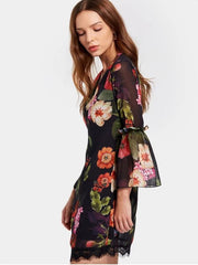 Print V Neck Flare Sleeve Flower Shift Dress