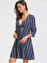 Fashion Striped Plunging Neck Skater Dress