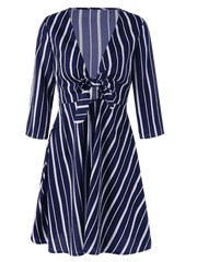 Fashion Striped Plunging Neck Skater Dress